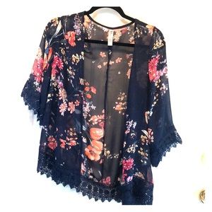 Navy floral see-through cardigan with lace trim